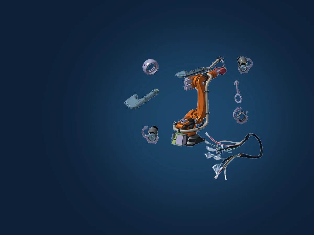 Robot dresspack hoses, brackets and cable harness on a six-axis industrial robot